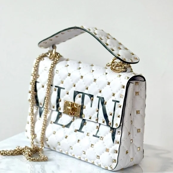 Valentino Garavani Rockstud Spike VLTN  Leather Medium Chain Top Handle Purse - Picture 7 of 16